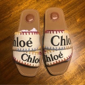NIB $495 CHLOE Woody Logo Multicolored Stitch Sandals in size 36!